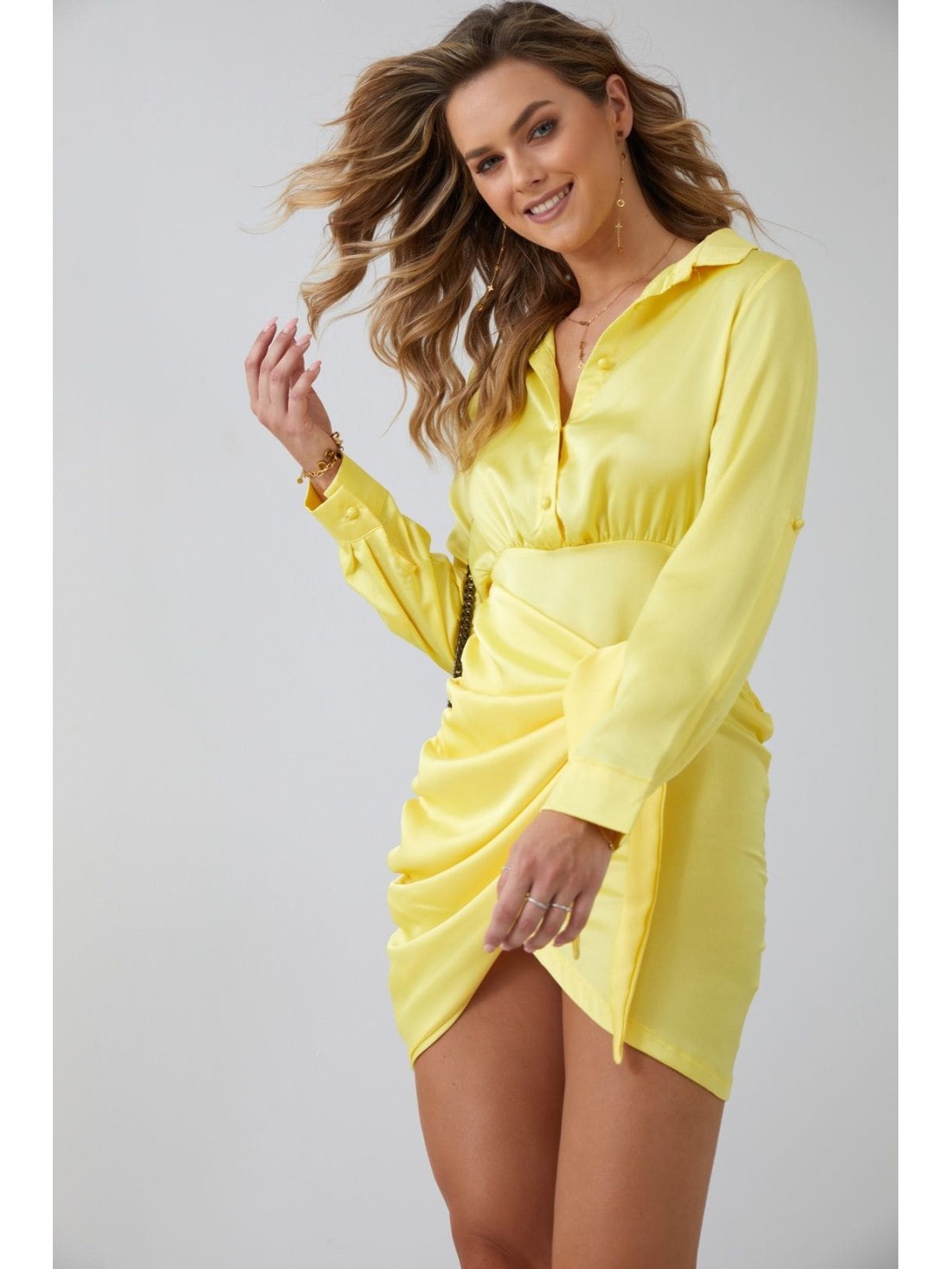 Shirt dress with a tied front, yellow FG642 - Online store - Boutique